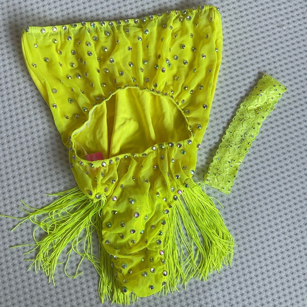 Neon yellow Staffa rhinestone mesh bodysuit